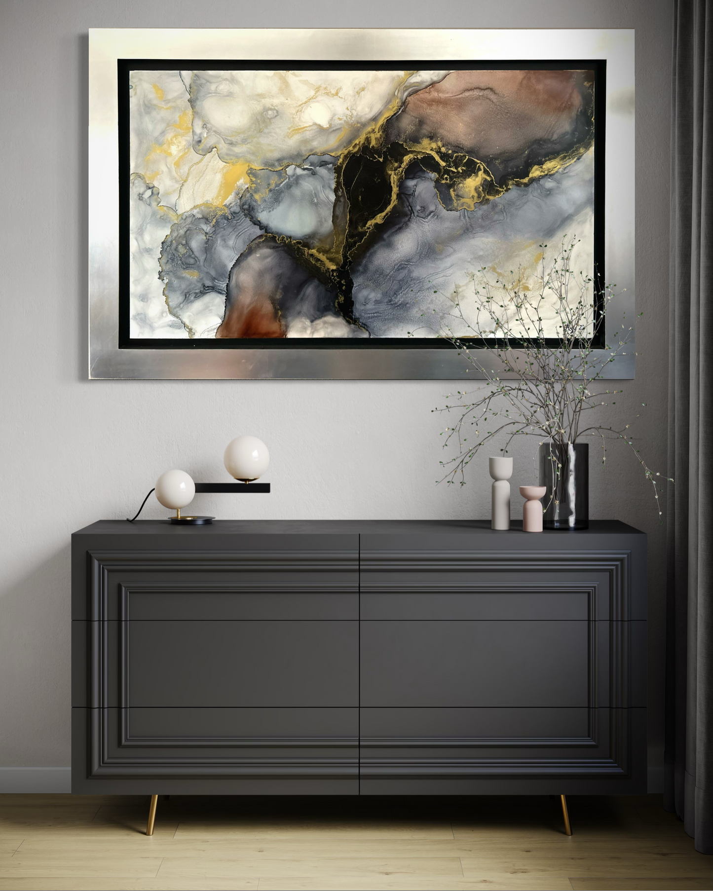 Silver Flow Original Painting Alcohol Ink on MDF